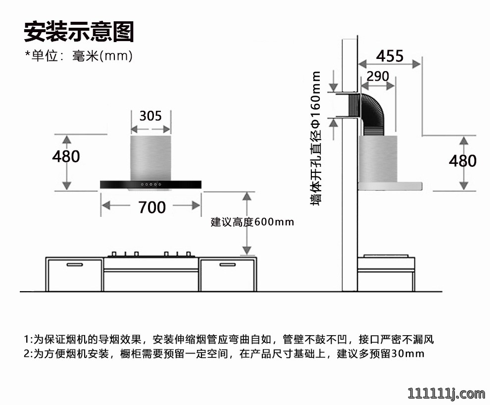 小尺寸厨房油烟机安装尺寸介绍